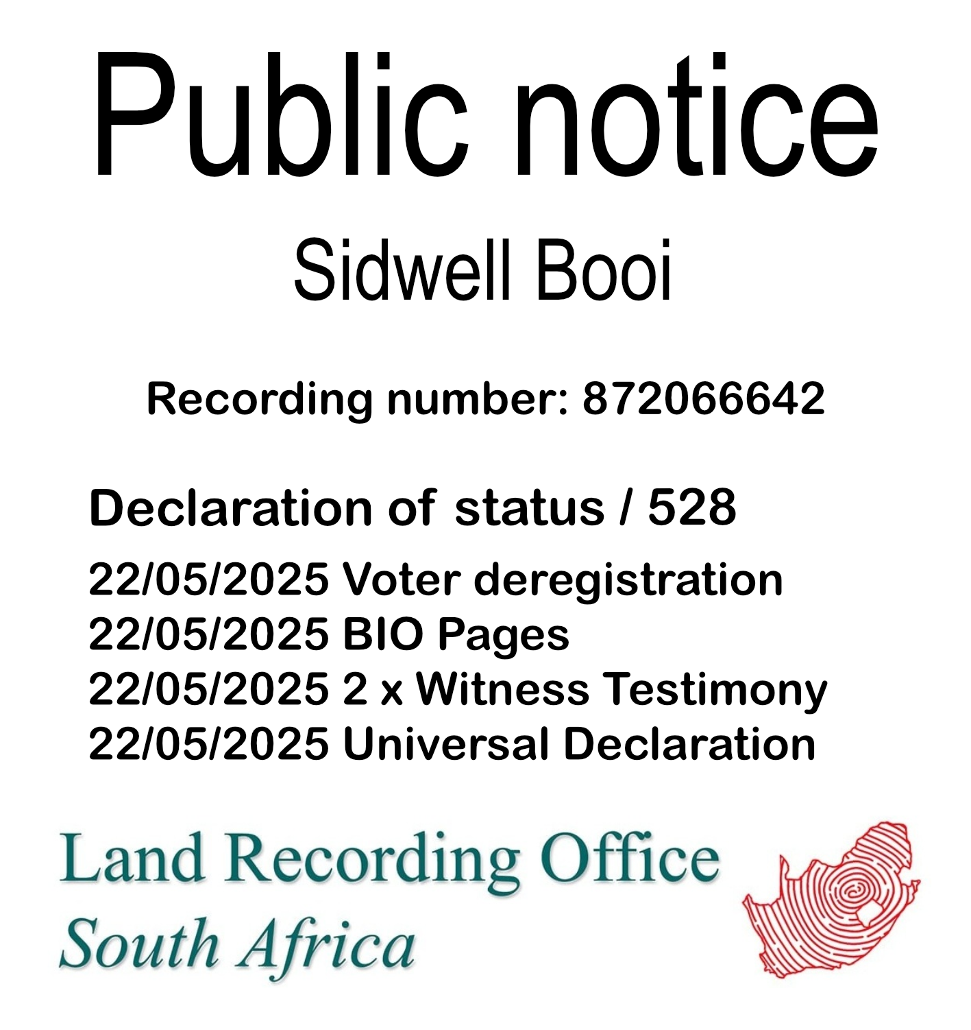 Public Notice Sidwell Booi (c) Recording number 872066642